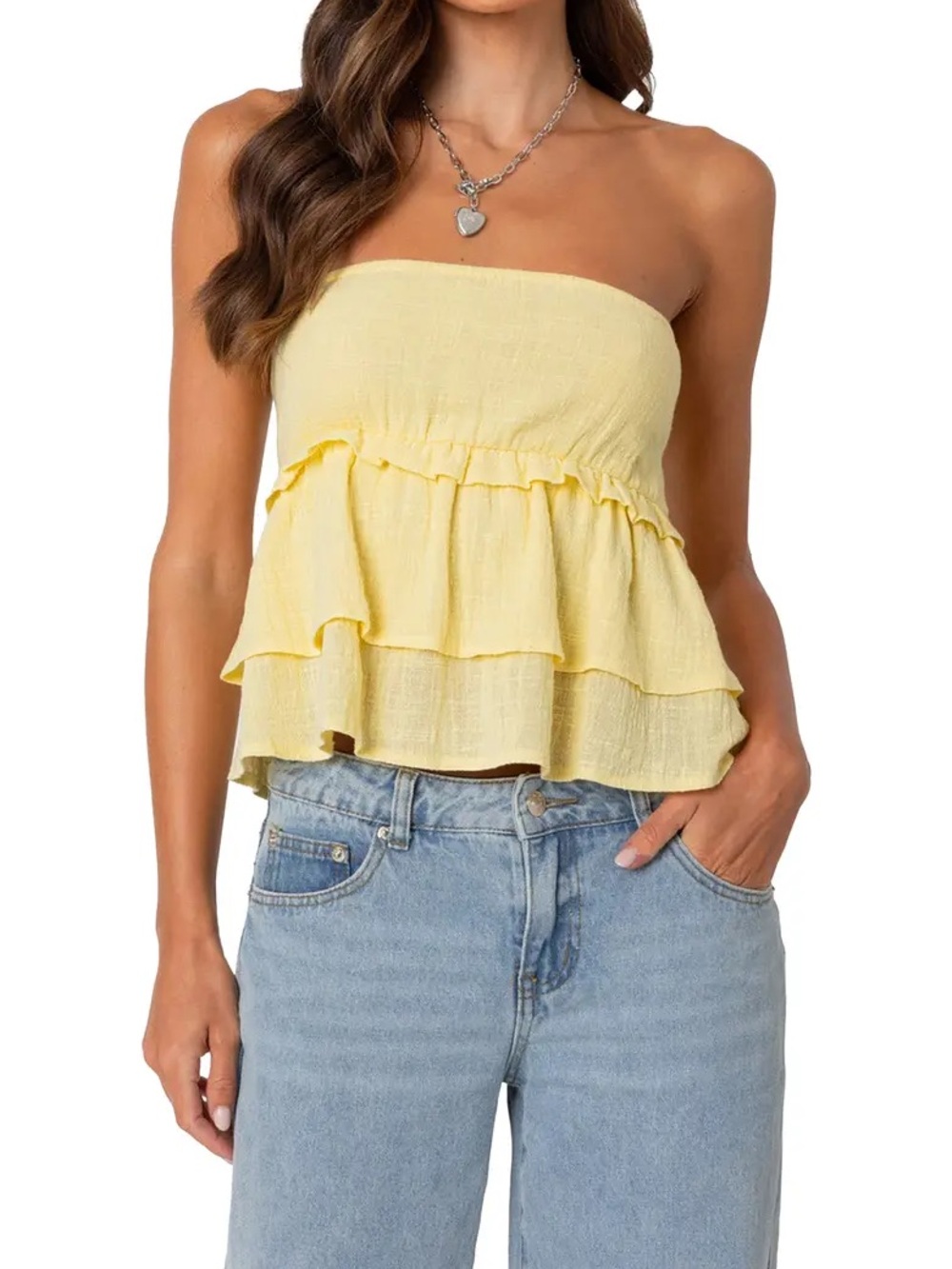 Edikted Women’s Strapless Ruffle Tiered Crop Top in Yellow